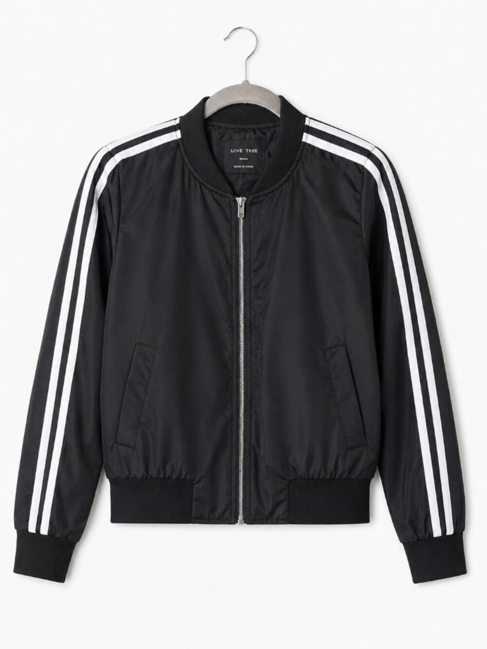 Love Tree Black Bomber Jacket Stripe Sleeve Zip Up Size S
